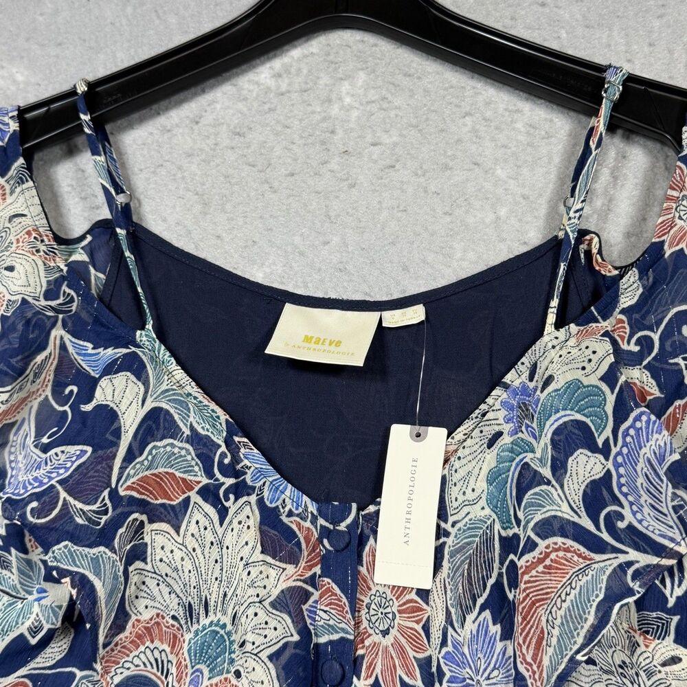 Anthropologie Maeve Blouse Top Women’s Size 6 Navy Floral Ruffle Open-Shoulder - Picture 2 of 15
